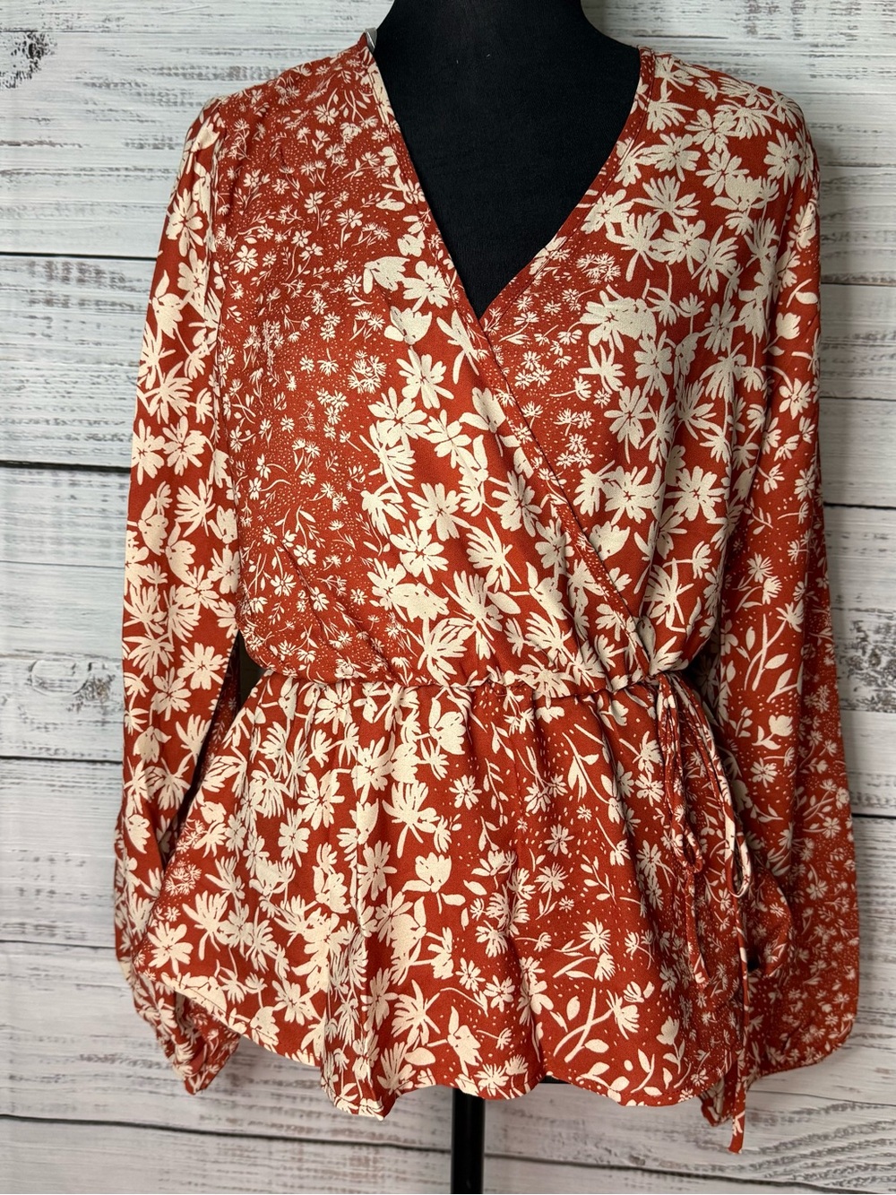 Floral Wrap Peplum Blouse in Rust and Cream size small NIB